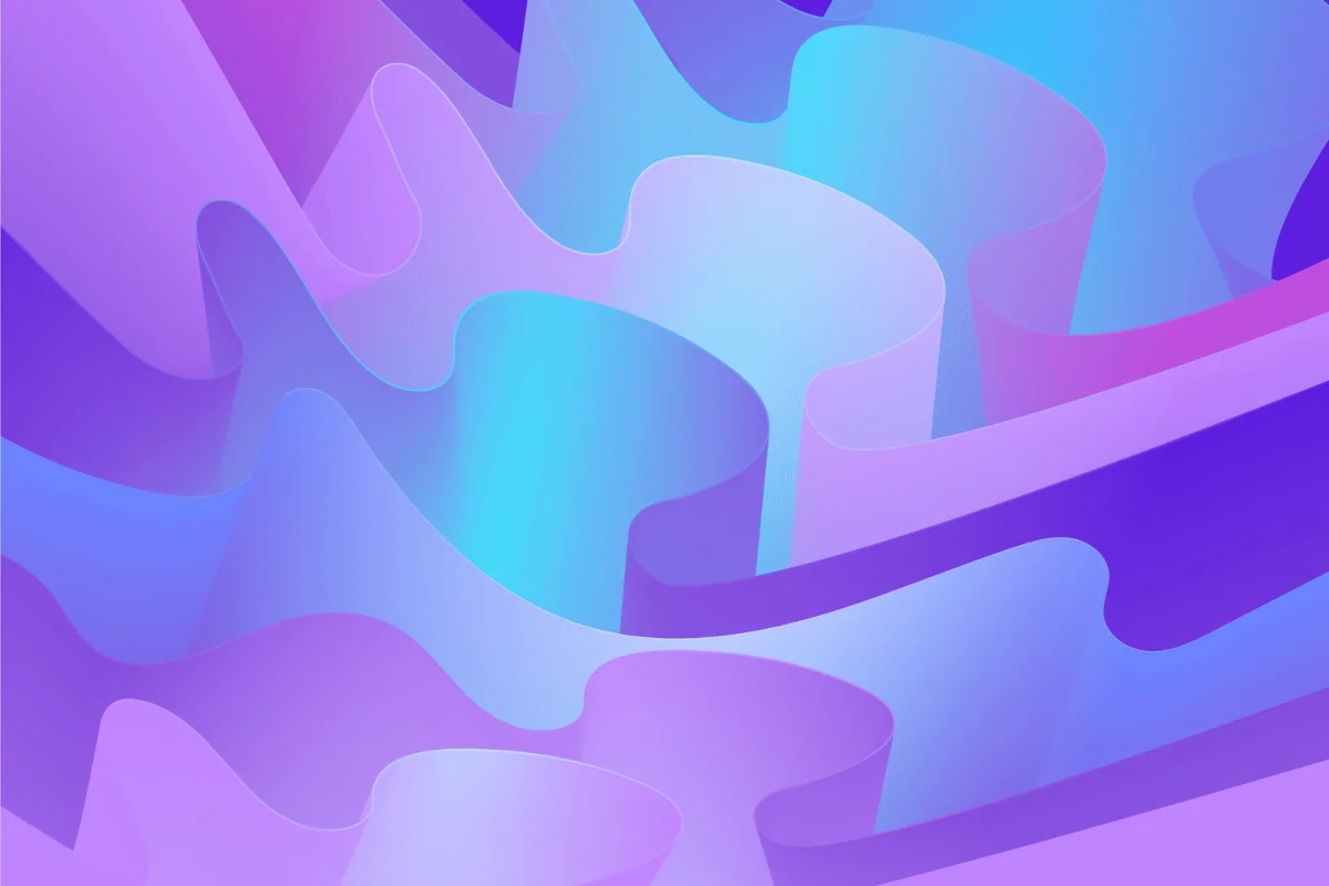 Abstract design with smooth flowing shapes in violet and cyan.