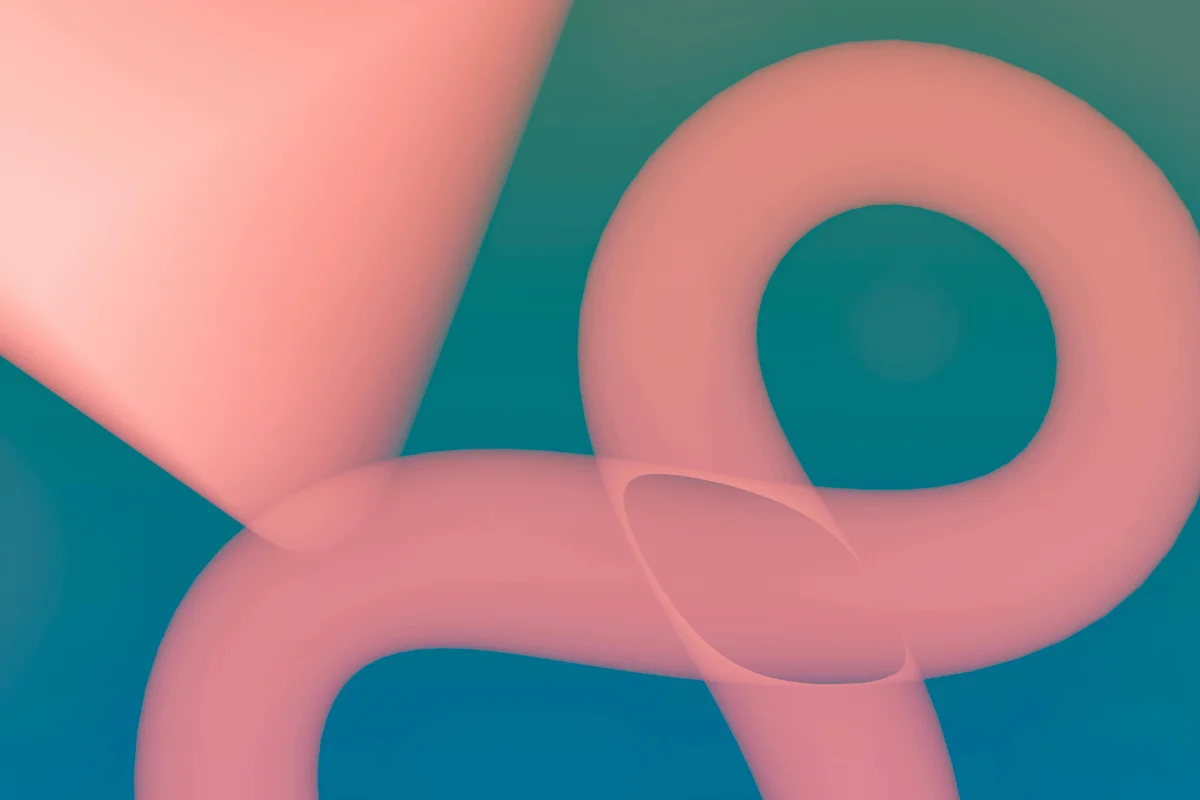 Fluid pink form twisting against soft greenish-blue gradient.