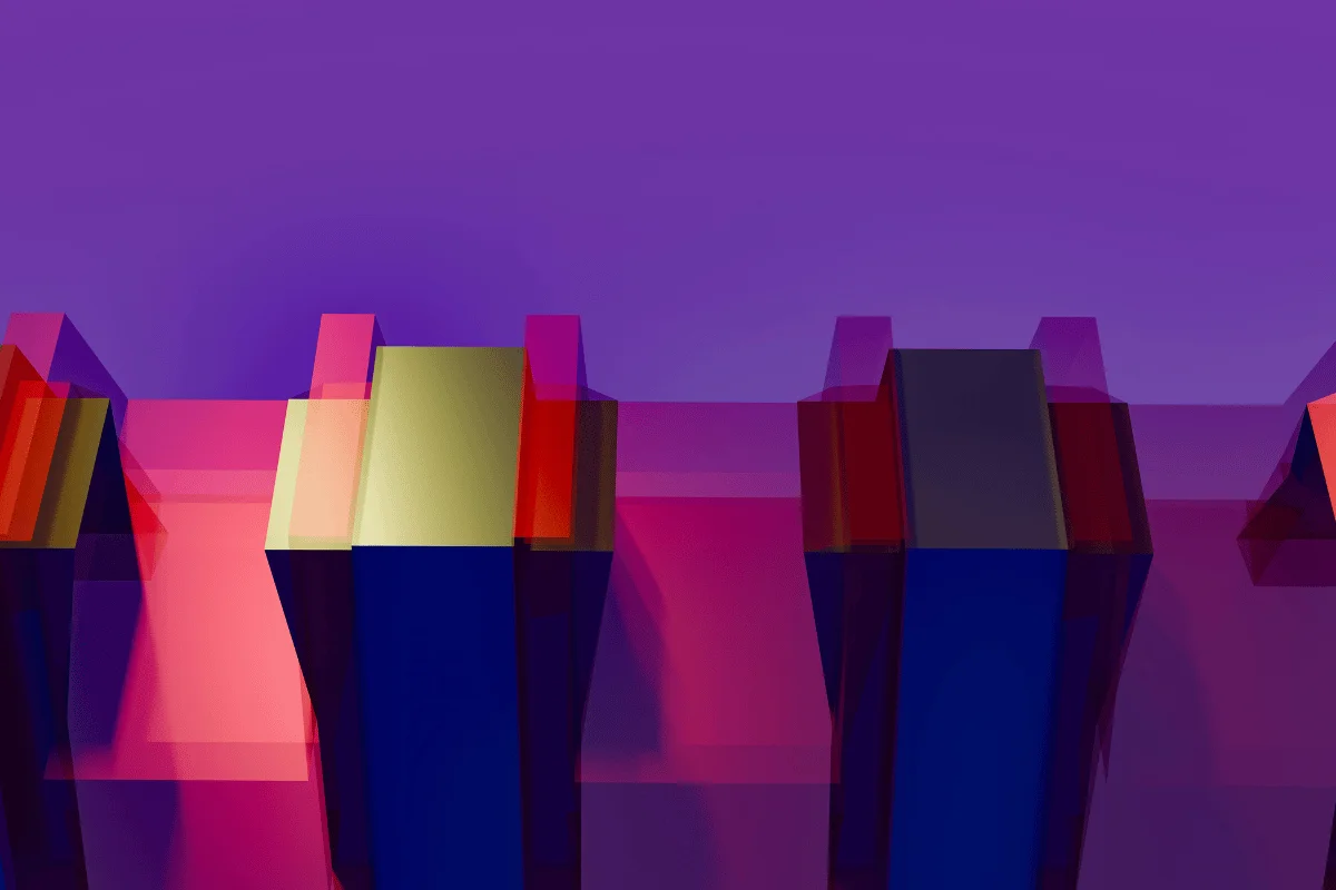 Abstract digital artwork with glowing 3D shapes and reflections.