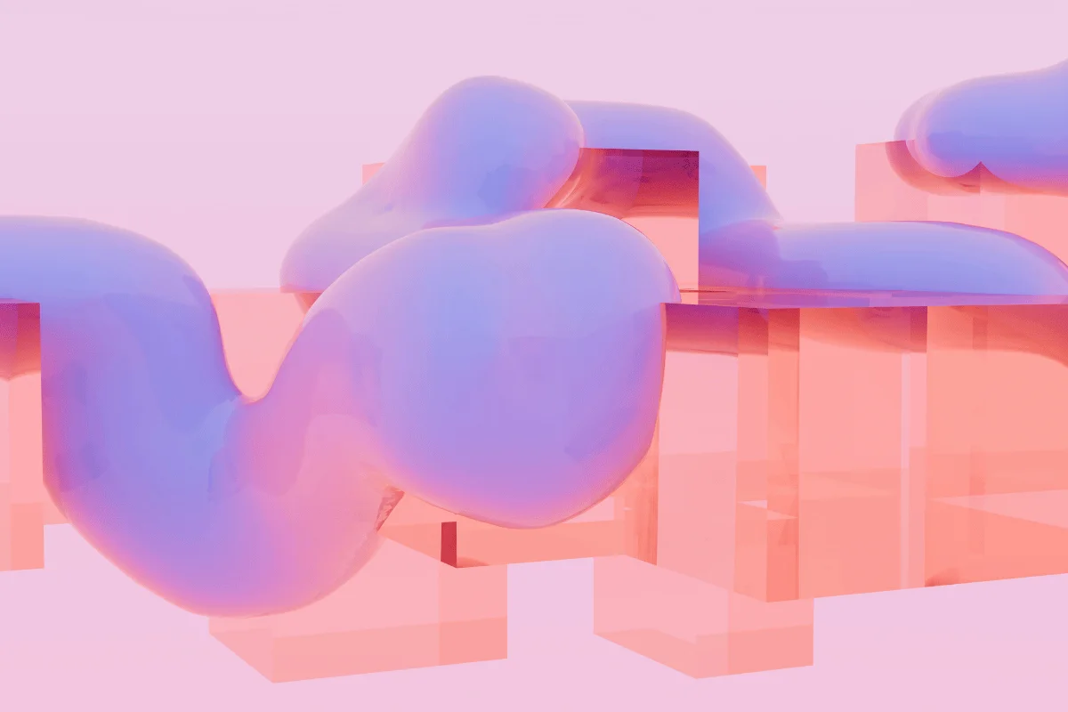 Surreal digital artwork of floating lavender blobs over glowing reflective blocks in a soft pink setting.