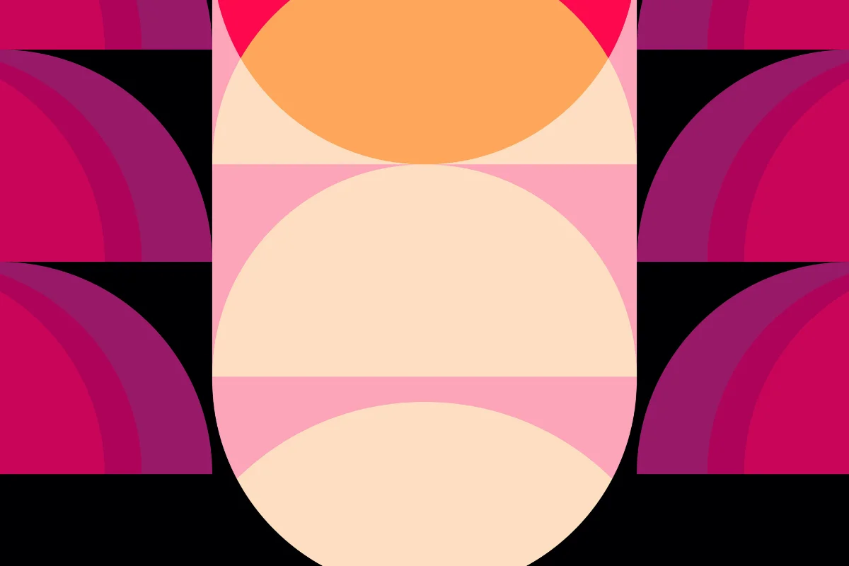 Abstract digital art with overlapping shapes in warm red, orange, and pink tones.