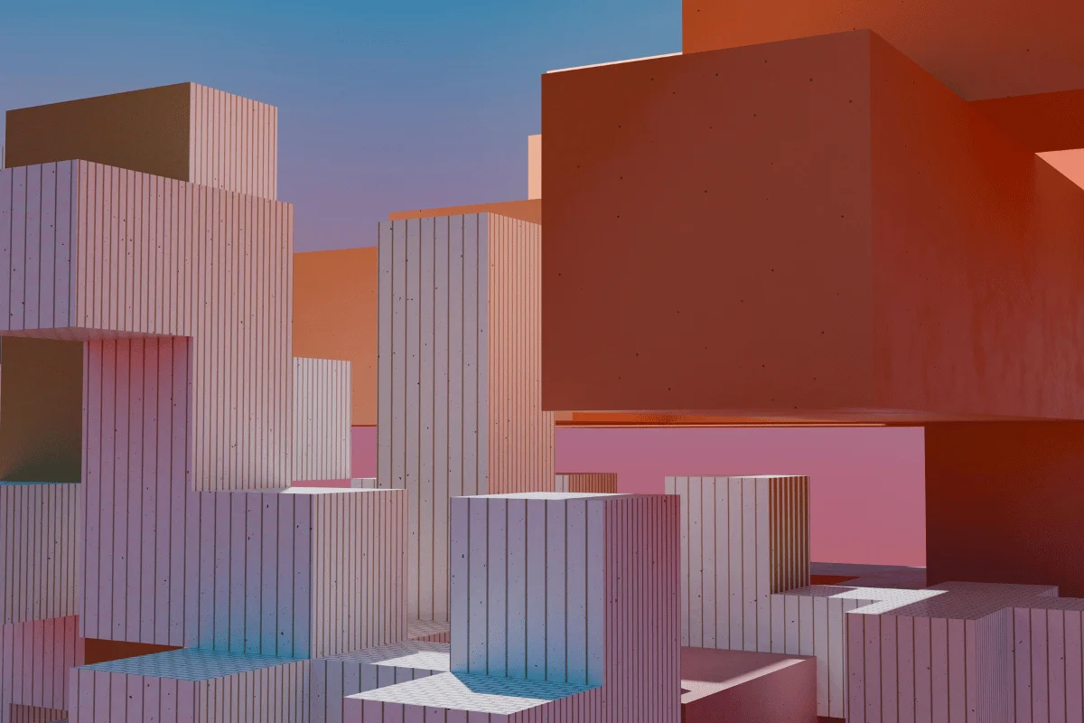 A modern abstract design featuring stacked blocks with vertical lines in pink and orange hues.