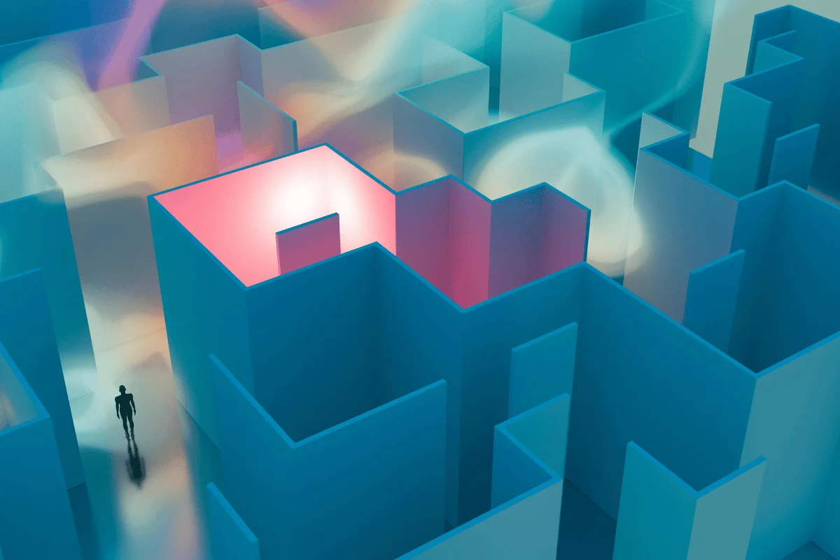 A digital maze with a person standing in the center, illuminated by glowing pink and blue walls.