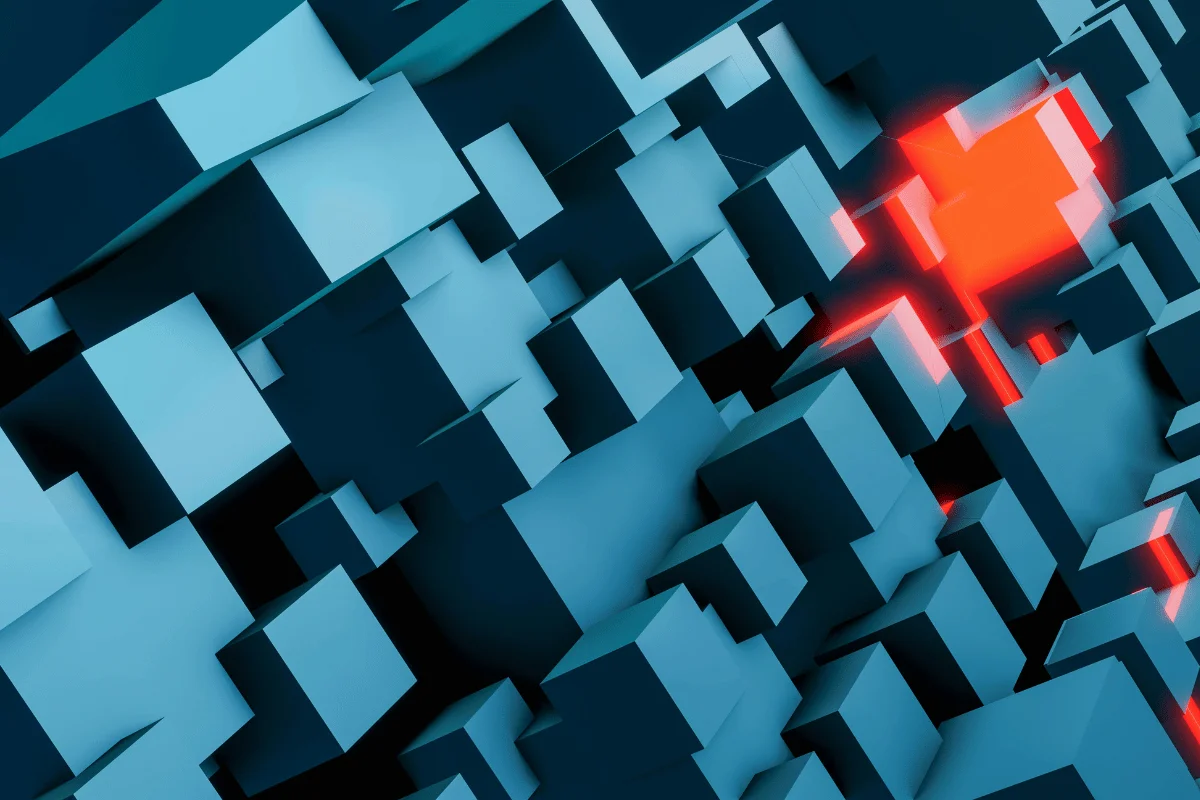 Digital cubes floating in space with a red illuminated core, set against a dark background.