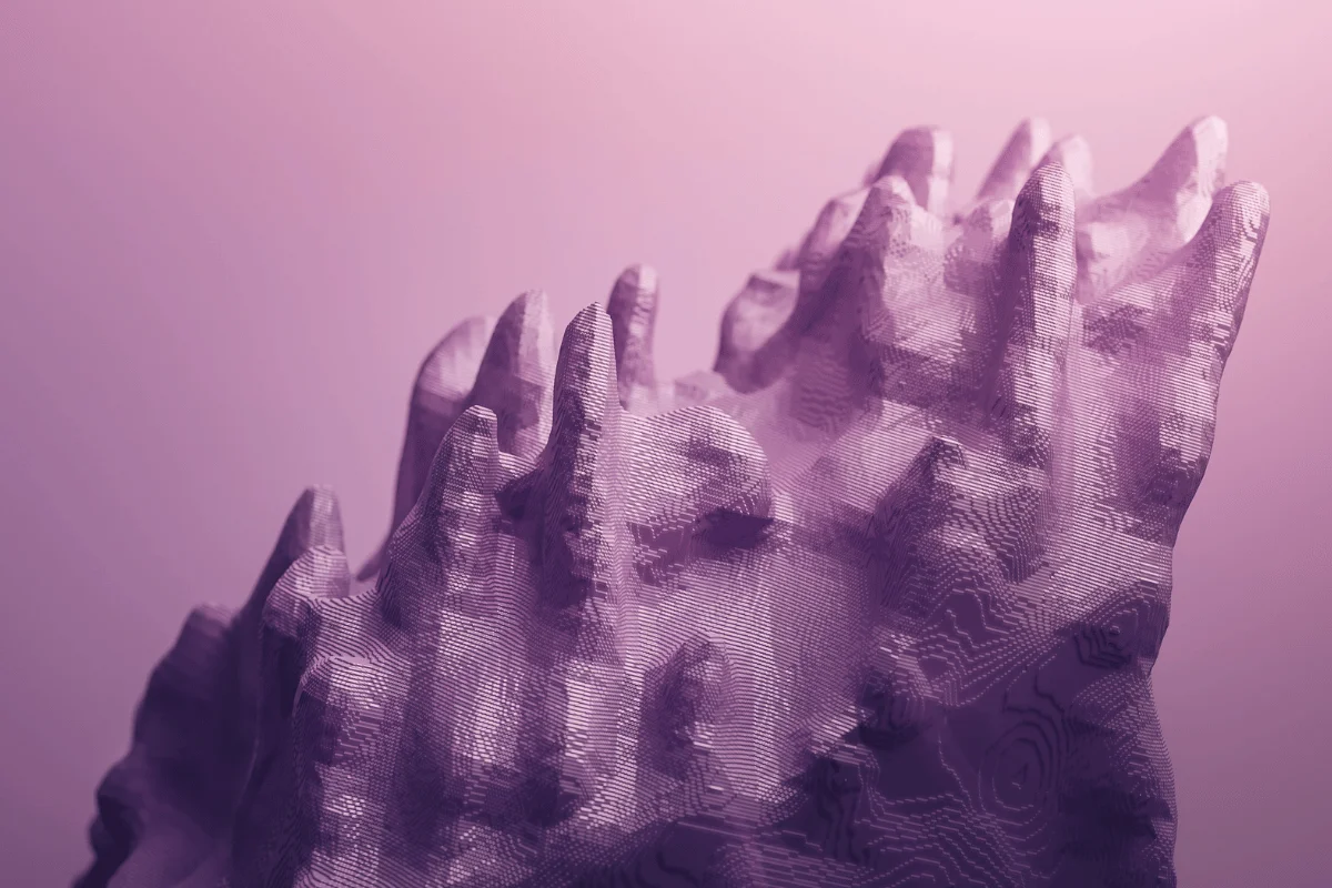 Abstract purple 3D landscape with textured peaks and flowing topographic contours on a soft pink background.