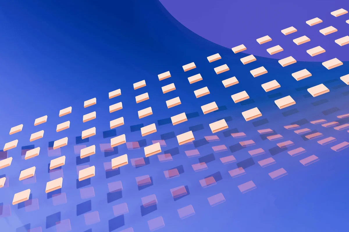 Dynamic floating tiles creating a futuristic visual effect in a digital blue space.