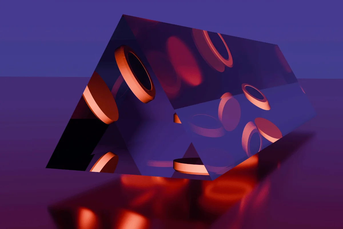 3D geometric figure with triangular transparent faces, showcasing inner orange rings against a gradient background.