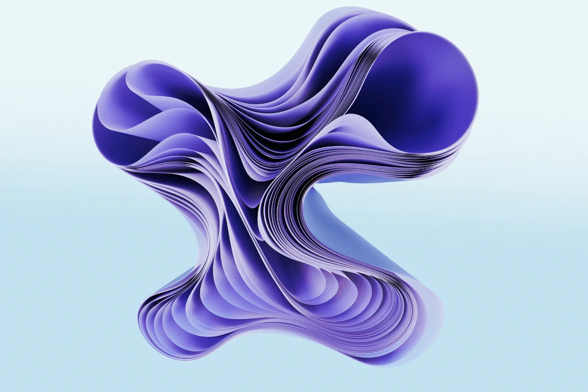 Abstract 3D shape with flowing, layered curves in various shades of purple on a light blue background, creating a dynamic and fluid design.