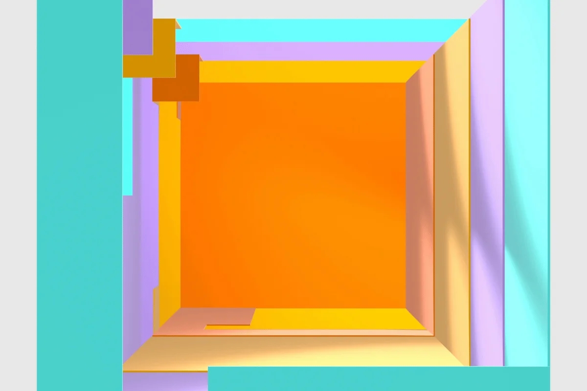 Abstract 3D geometric frame with layered orange, yellow, turquoise, and lavender shapes surrounding a bright center.