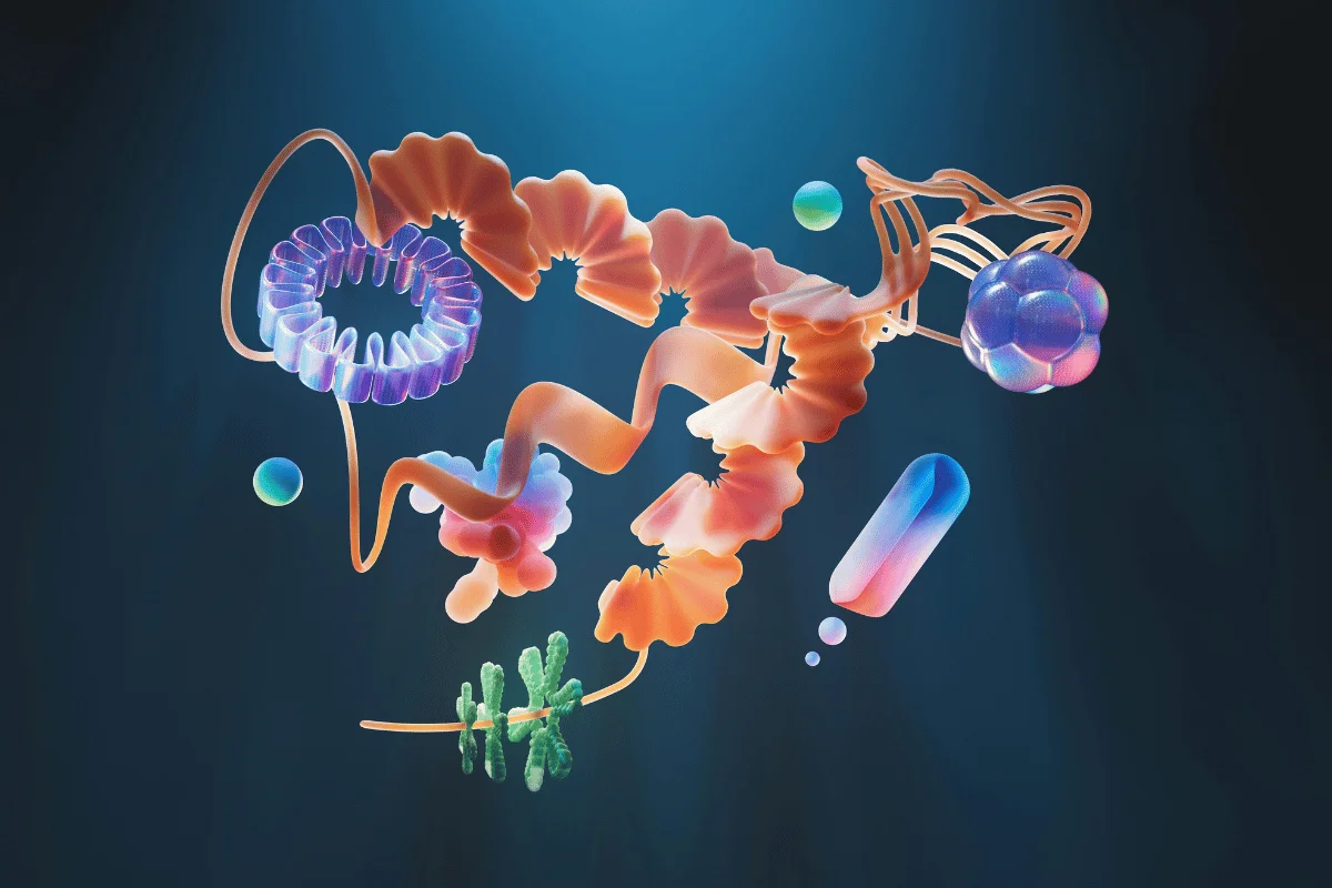 Abstract artwork featuring colorful, intertwined shapes resembling DNA, proteins, and cells on a dark blue background, conveying complexity and creativity.