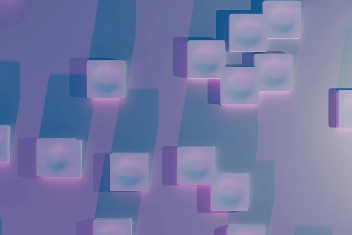 Floating cubes with subtle pink and purple glow, casting gentle shadows on a soft gradient background.