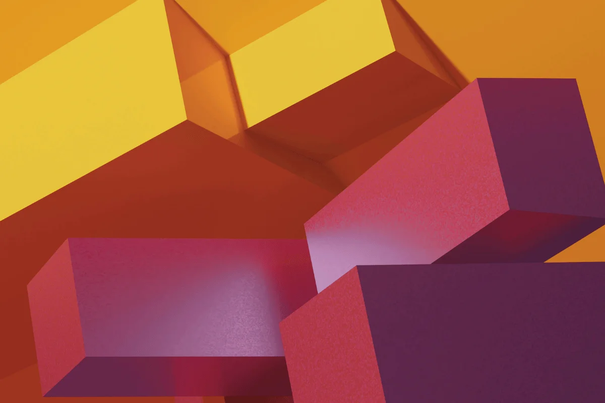 Close-up of intersecting 3D rectangular forms in warm gradient lighting.