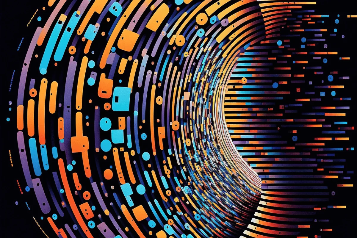 Futuristic data flow visualization with colorful circular and linear elements.