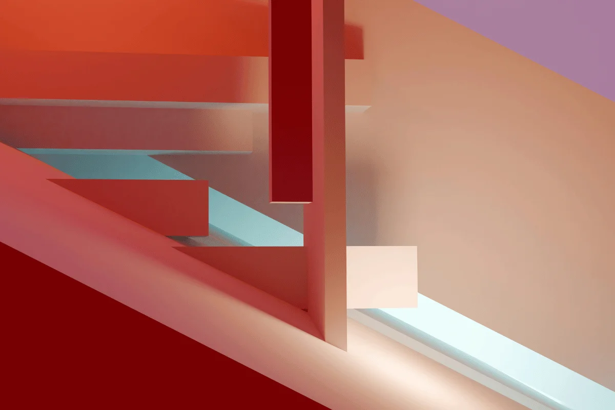 Abstract 3D scene featuring blocks of red and pink, contrasted with soft blue lighting along the edges and base.