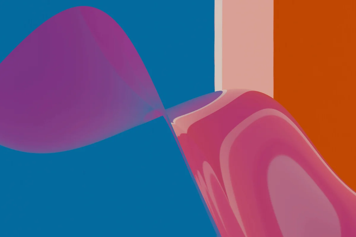 Pink 3D ribbon crossing bold geometric color fields.