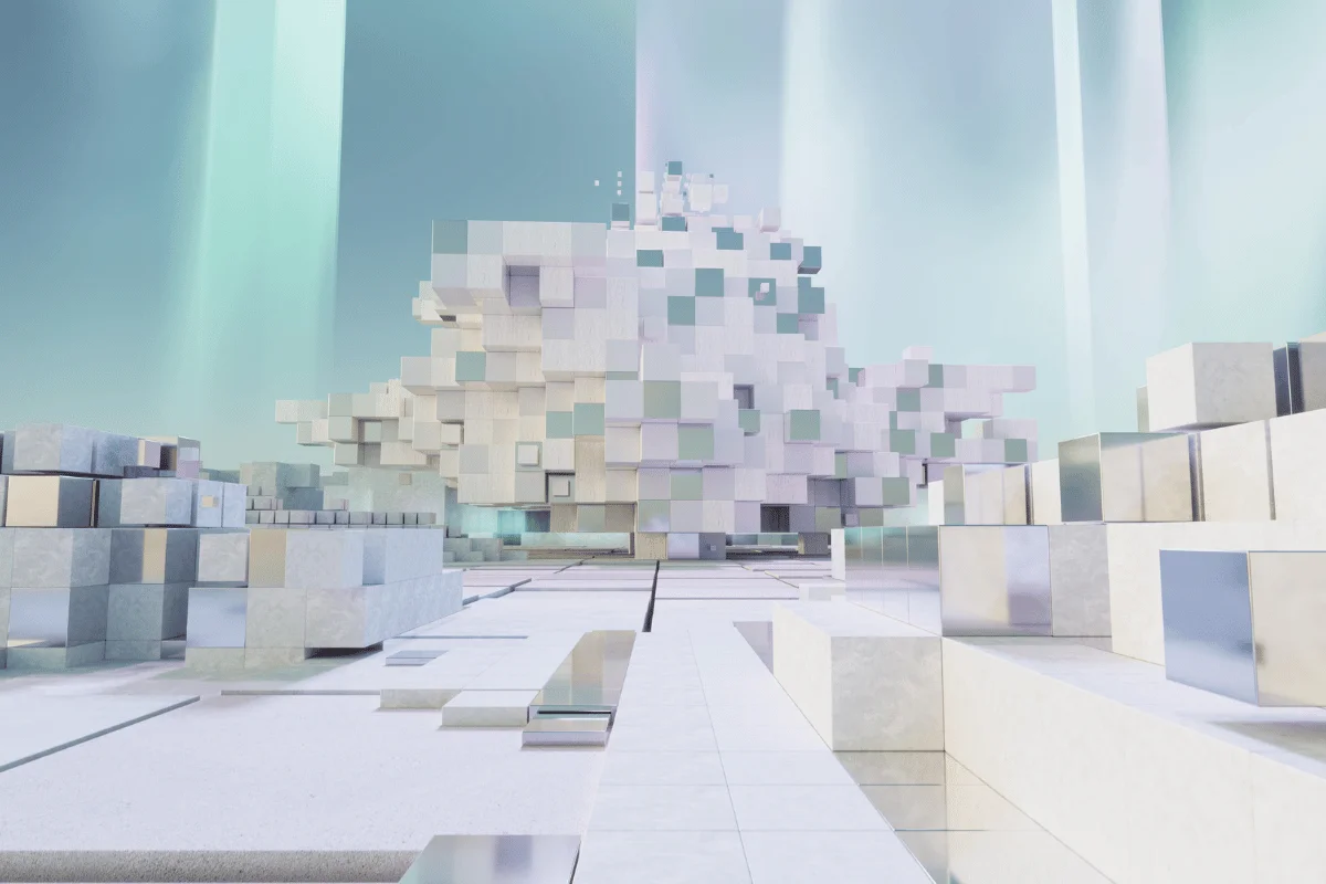 High-tech virtual world with modular architecture and soft lighting.