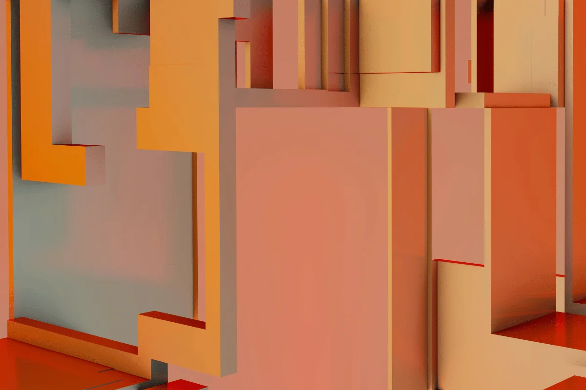 Futuristic digital artwork with layered orange and tan rectangular forms.