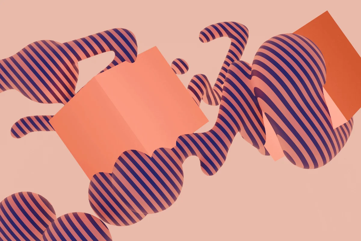 Abstract artwork with striped organic shapes in purple and peach tones.