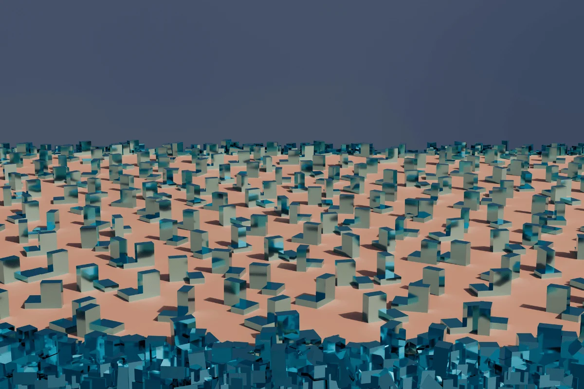 Minimalist landscape with scattered glass-like shapes.