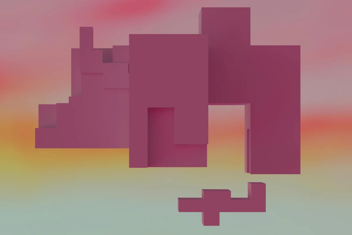 Contemporary abstract design with purple blocks over a smooth pink-yellow gradient.