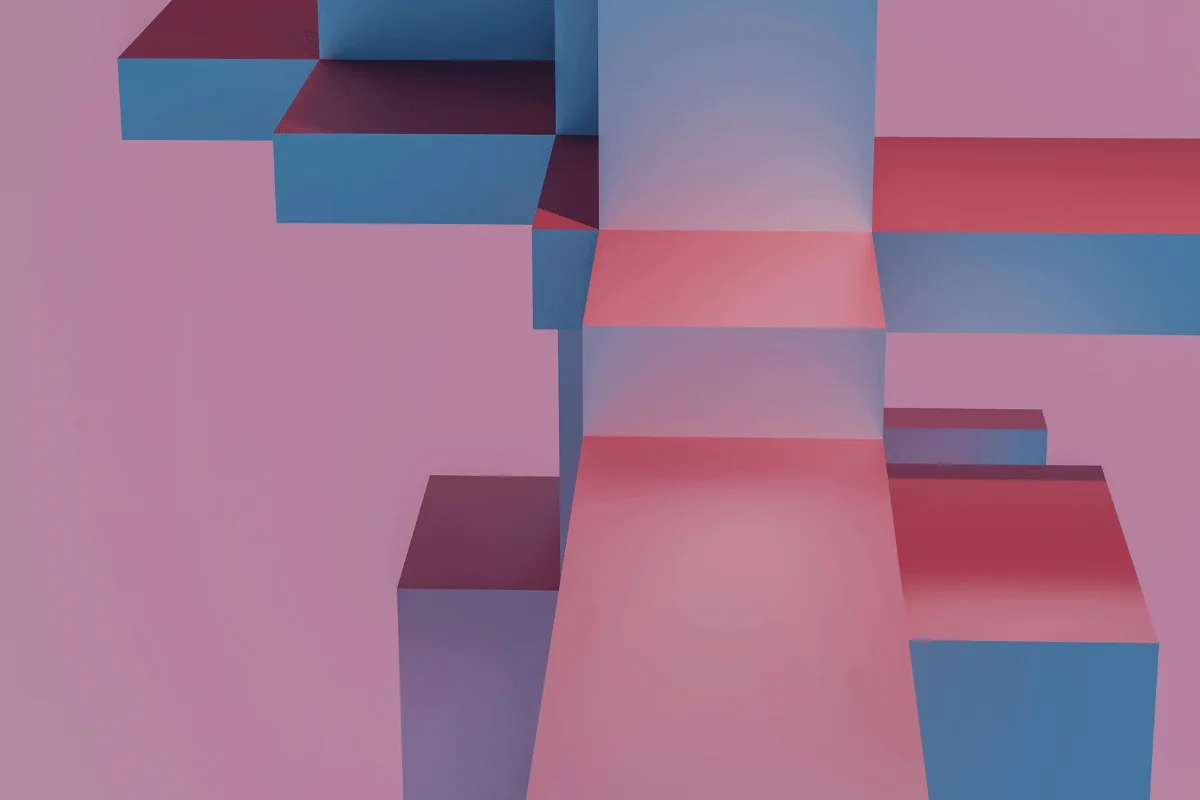 An abstract composition of intersecting blue and pink rectangular blocks arranged in a geometric, three-dimensional structure against a pink background.
