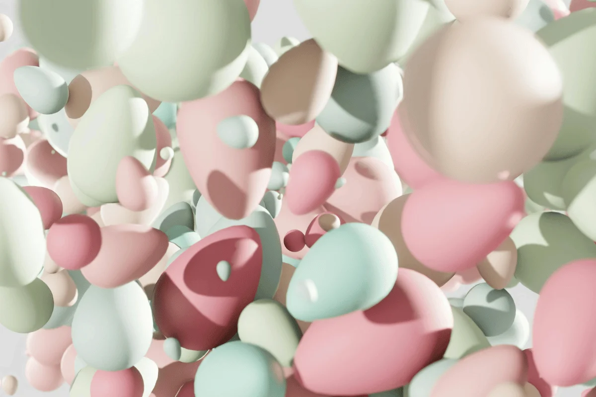 Organic, egg-like forms in pink, green, and beige tones.