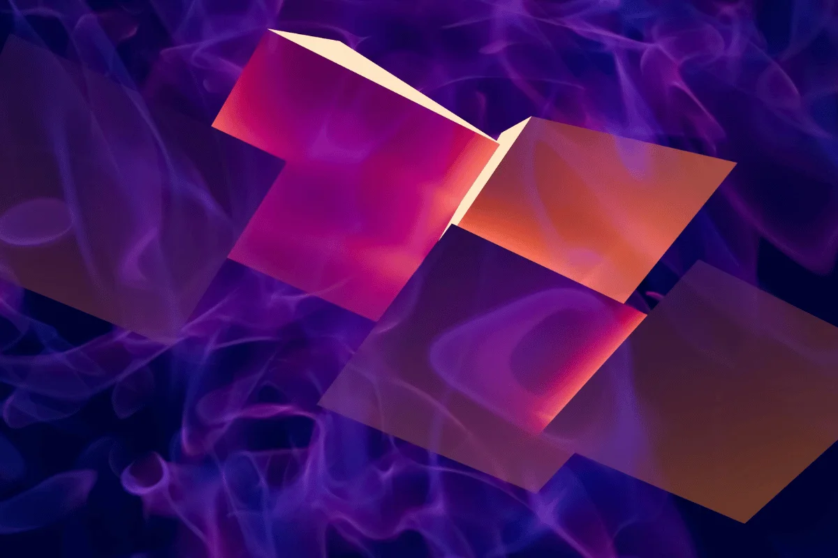 Geometric digital art with glowing cubes and smoke.