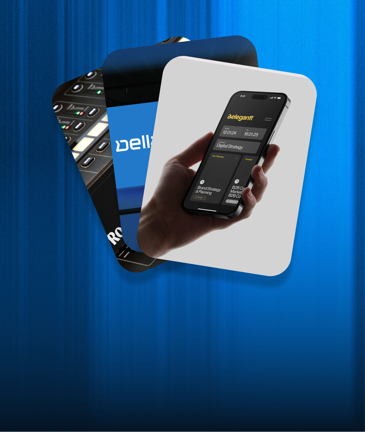 A hand holding a smartphone displaying a digital strategy app interface for Belegantt with sections for date range, brand strategy & planning, and B2B marketing options, layered over two other blurred images with blue backgrounds.