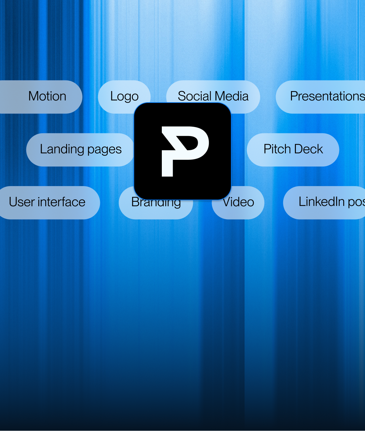Black square with a stylized white letter P in the center, surrounded by blue rounded rectangles containing words related to design and marketing such as Motion, Logo, Social Media, Presentations, Landing pages, Pitch Deck, User interface, Branding, Video, and LinkedIn posts on a vertical blue gradient background.