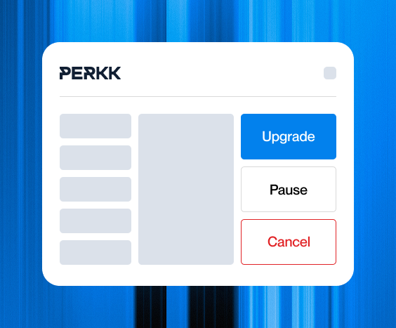 A user interface window with the label 'PERKK' on a blue gradient background, displaying five greyed-out menu items on the left, a large grey rectangle in the center, and three buttons on the right labeled 'Upgrade' (blue), 'Pause' (white), and 'Cancel' (white with red text and border).