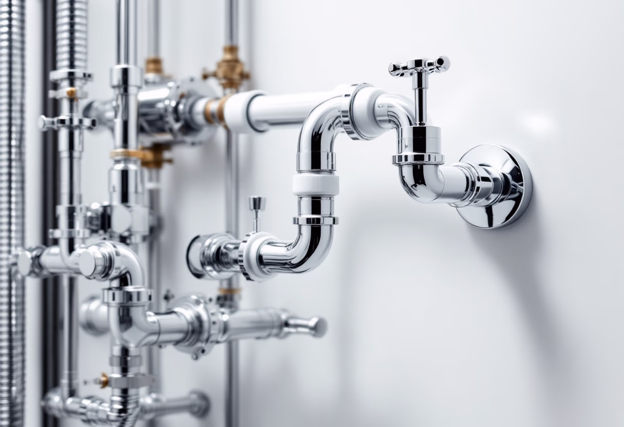RS Rörservice. Nya kromade VVS-rör och ventiler monterade på en vit vägg.