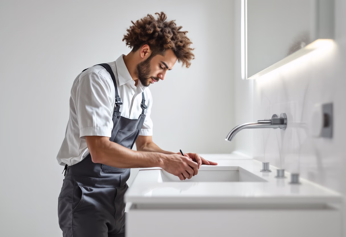 RS Rörservice reparerar en vit badrumskommod.