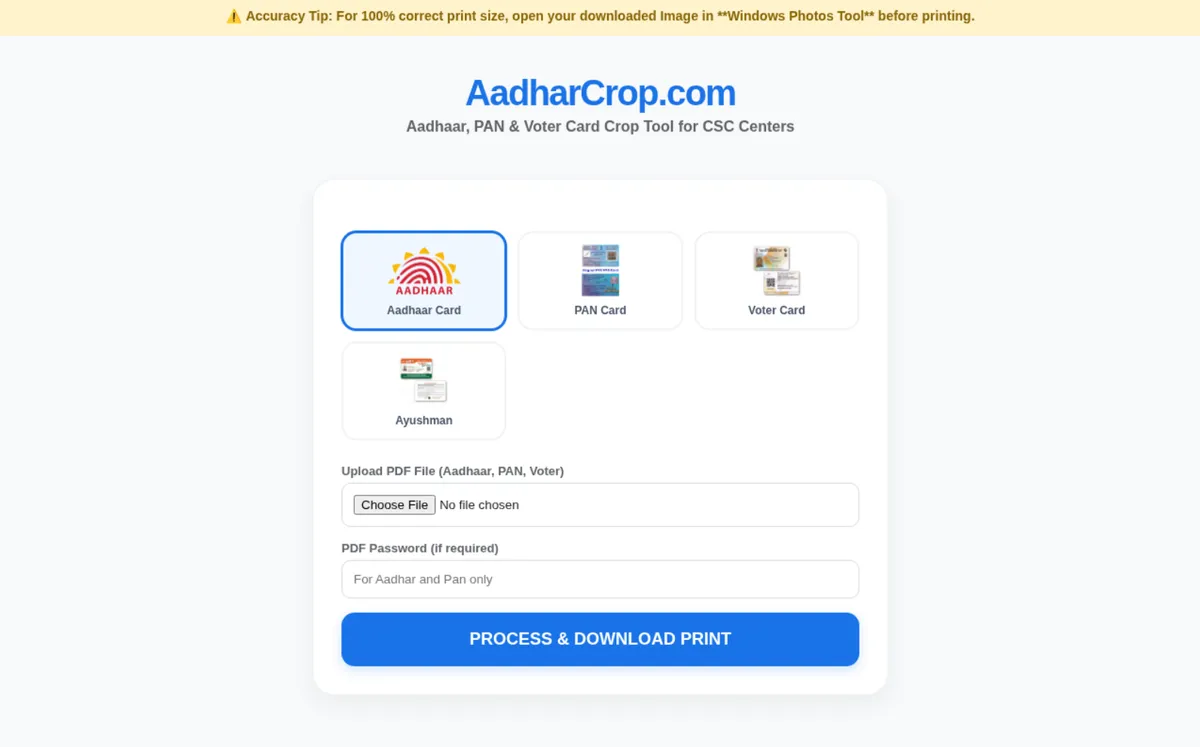 Screenshot of aadharcrop[.]com