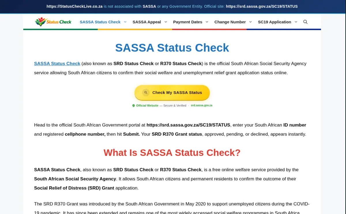 Screenshot of sassastatus-gov[.]co[.]za