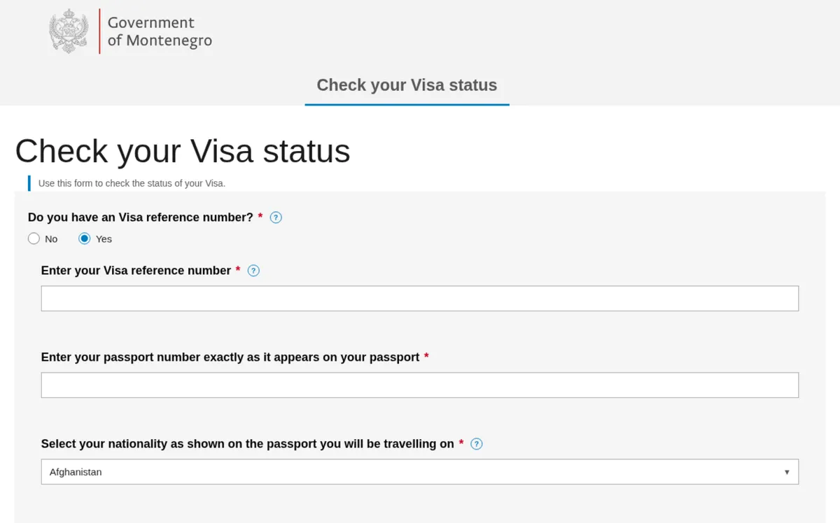 Screenshot of e-visamontenegro[.]info
