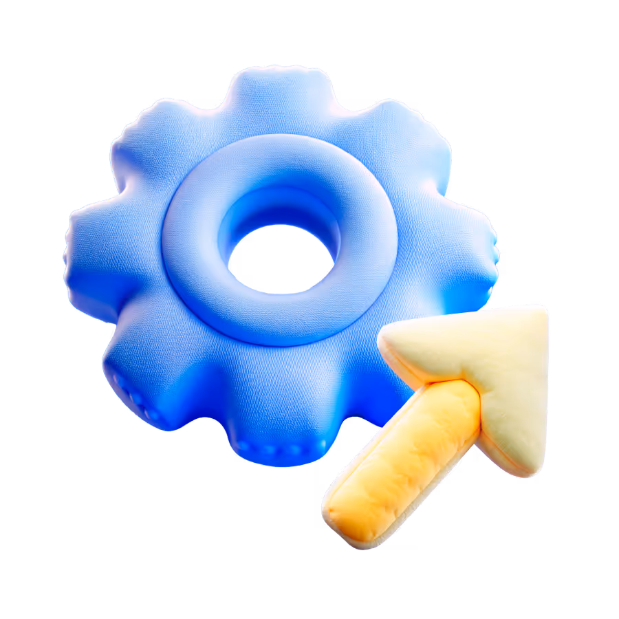 3D blue gear with a yellow upward arrow symbolizing growth or progress.