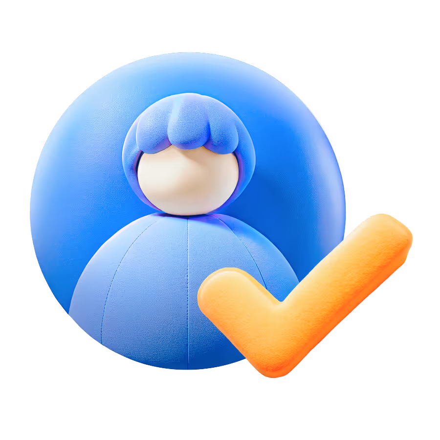 3D blue user avatar with an orange checkmark symbol.