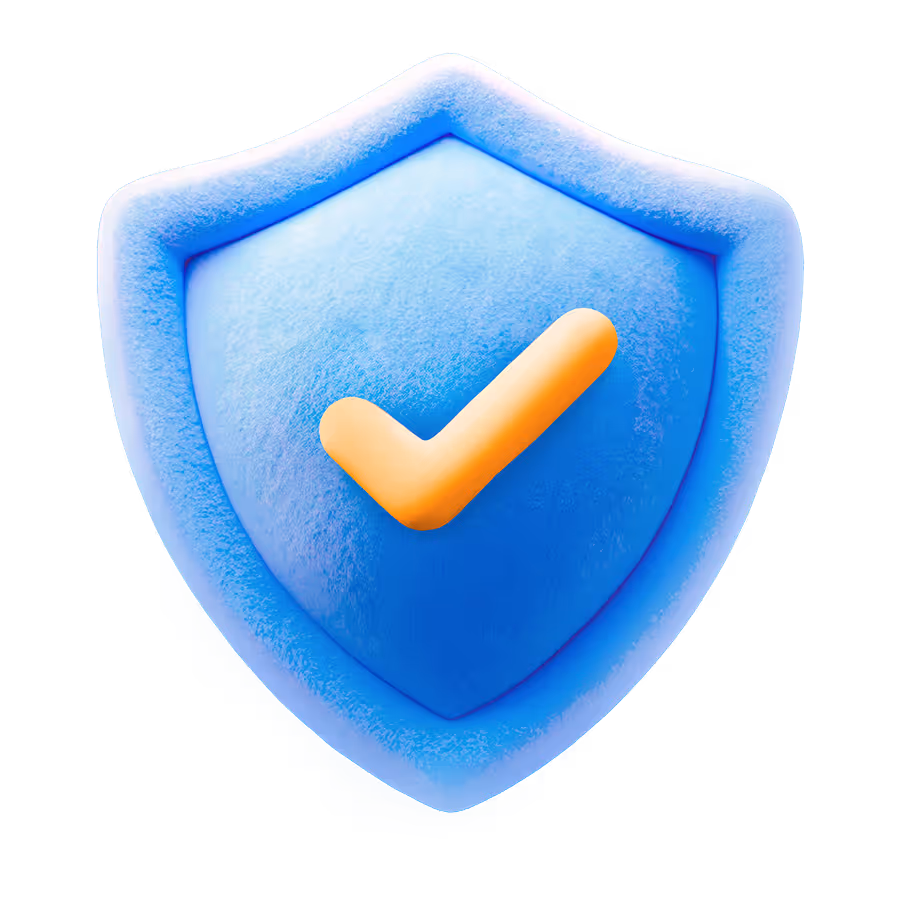 Blue shield with a raised orange checkmark symbolizing security and approval.