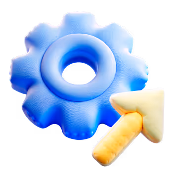 3D blue gear icon next to an upward yellow arrow.