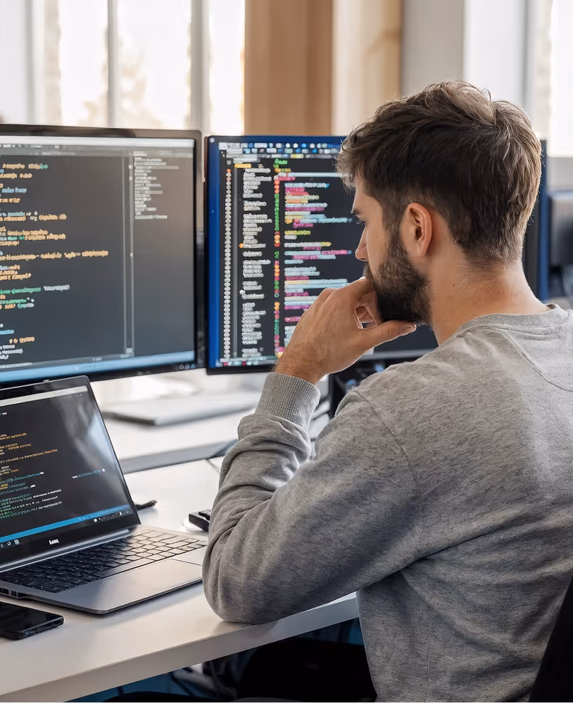 Two women reviewing a tablet together in a modern office while a man works on a computer nearby.