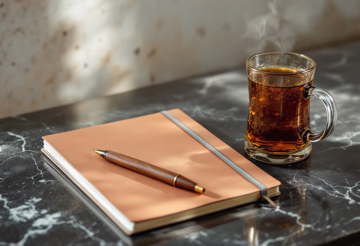 image of a notebook and coffee cup on a table (for a productivity tools business)