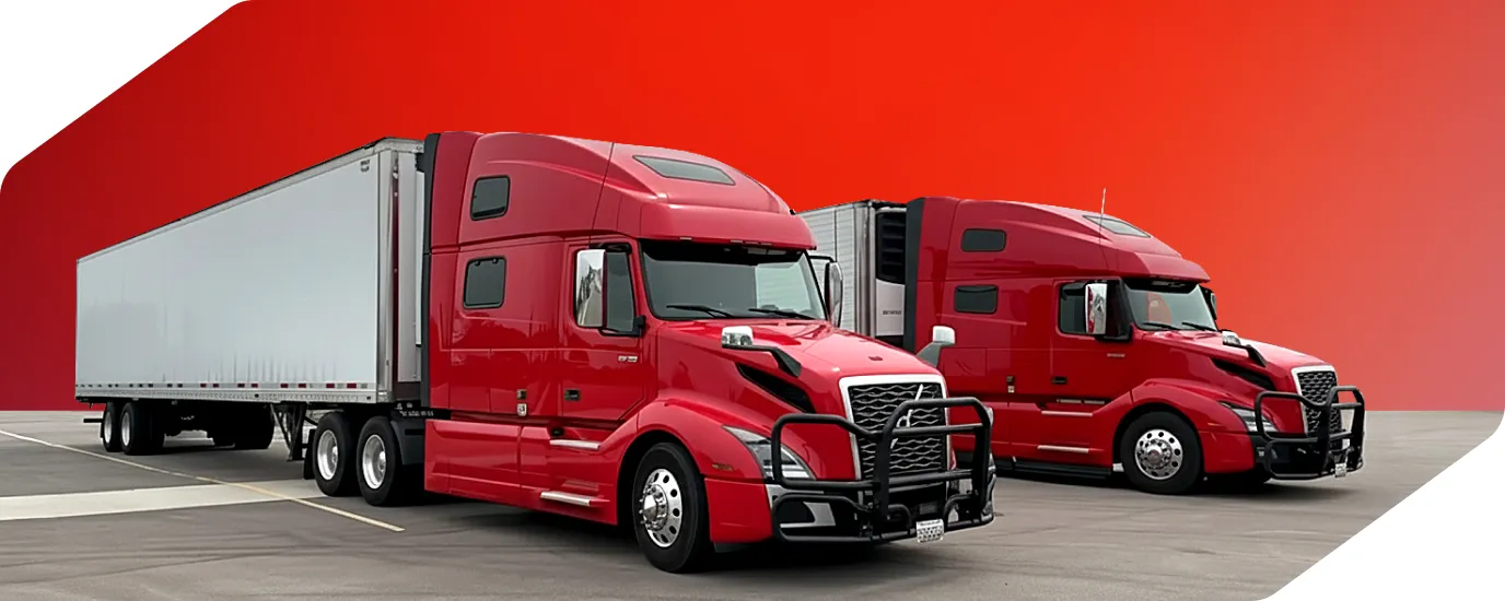 Two red semi-trailer trucks parked on a paved surface with a gradient red background.