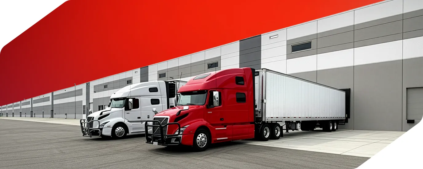 Red and white semi-trucks parked side by side outside a large warehouse loading dock.