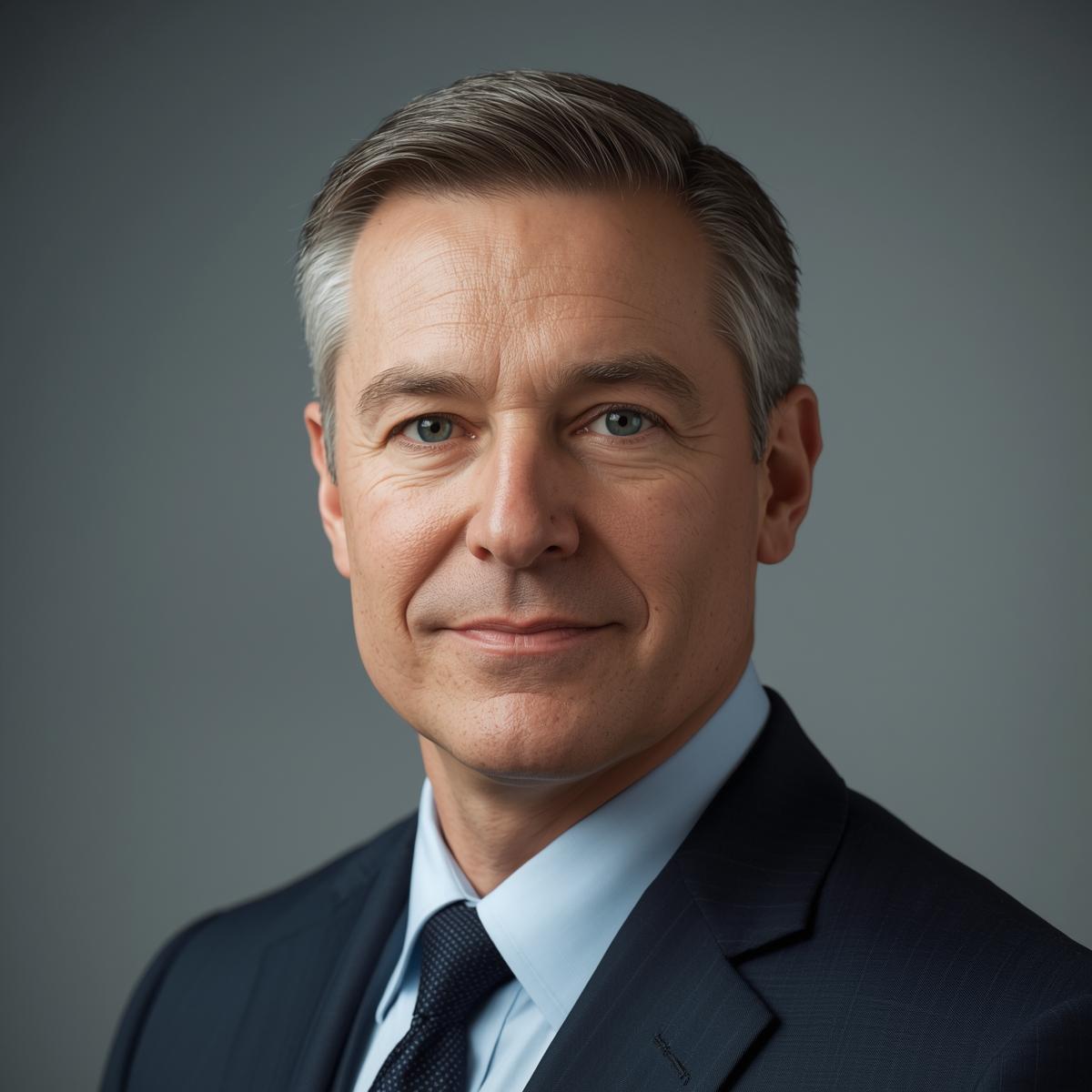 Middle-aged man with gray hair wearing a dark suit, light blue shirt, and dark tie, smiling slightly against a gray background.