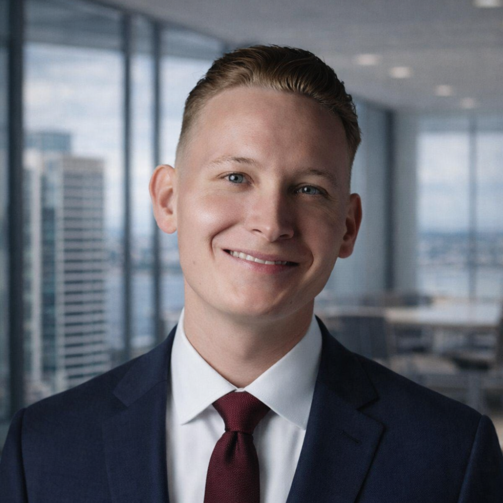 Smiling young man with short blond hair wearing a dark suit, white shirt, and burgundy tie in an office with large windows.