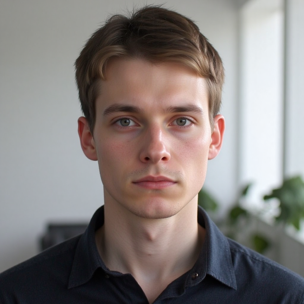 Close-up of a young man with short brown hair and green eyes wearing a black collared shirt, looking straight ahead indoors.