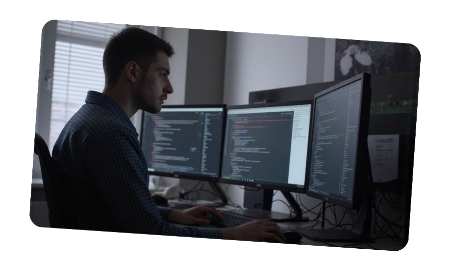 Man working on coding with three monitors displaying programming code in a dimly lit room.