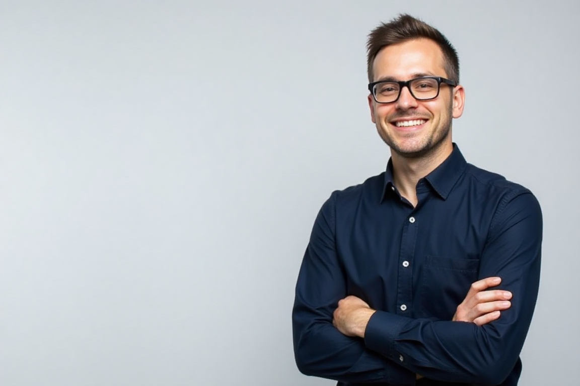 Smiling young man wearing glasses and a dark blue shirt with arms crossed against a light gray background.