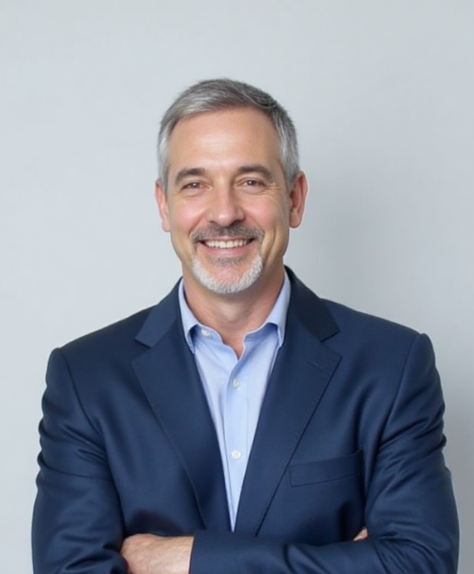 Bearded man in a dark shirt sitting at a desk, engaged in a video call on a large computer monitor.