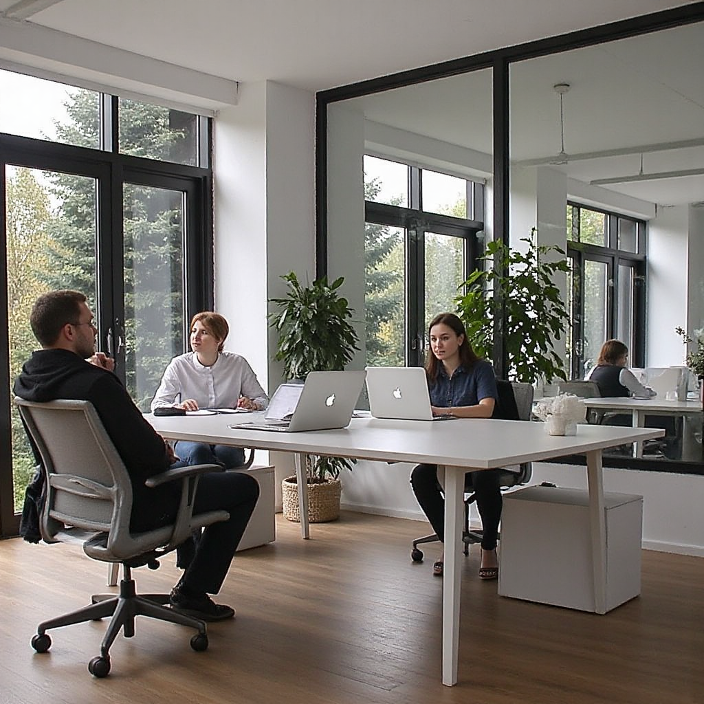 Three people working in a modern office with large windows and plants; two women using laptops at a white table, and a man sitting on an office chair across from them.